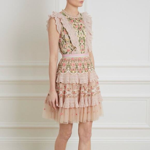 Needle & Thread Dresses & Skirts - Needle & Thread Lattice Rose Embroidered Frill Sleeveless Mini Dress Women’s 2